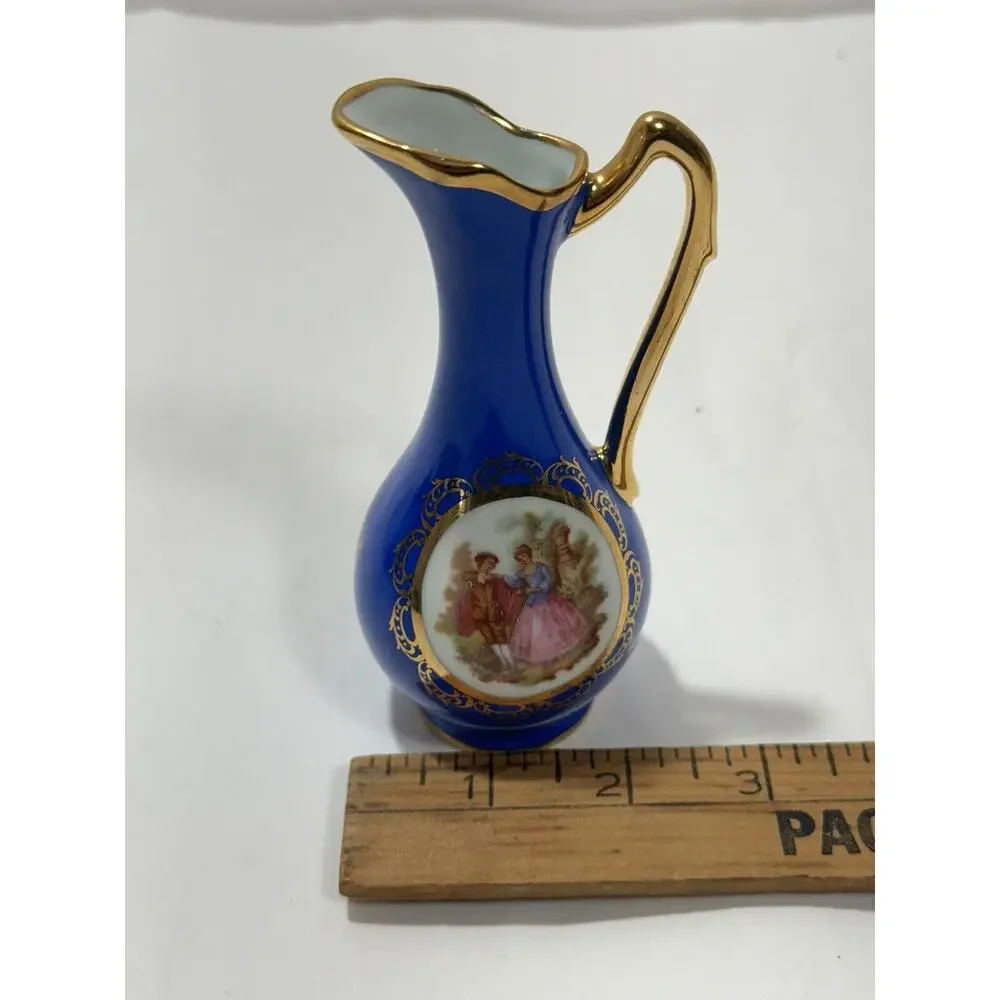 Limoges‎ France Blue Cobalt / Gold Miniature Pitcher vase W/ Courting Couple